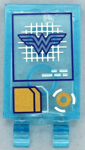 Tile, Modified 2 x 3 with 2 Open O Clips with Head-Up Display (HUD) with Dark Purple Wonder Woman Logo on White Grid, Gold and Metallic Light Blue Documents and Lines Pattern (Sticker) - Set 41239
