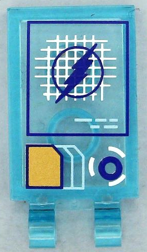 Tile, Modified 2 x 3 with 2 Open O Clips with Head-Up Display (HUD) with Dark Purple The Flash Logo on White Grid, Gold and Metallic Light Blue Documents and Lines Pattern (Sticker) - Set 41239