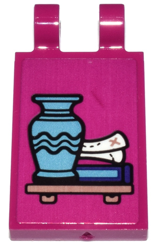 Tile, Modified 2 x 3 with 2 Open O Clips with Copper Shelf, Medium Azure Vase, and White Scroll Map Pattern (Sticker) - Set 43213