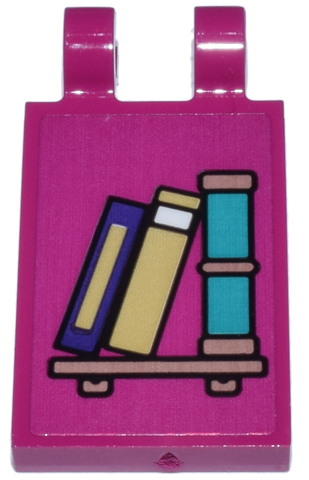 Tile, Modified 2 x 3 with 2 Open O Clips with Copper Shelf and Dark Turquoise, Tan, and Dark Purple Books Pattern (Sticker) - Set 43213