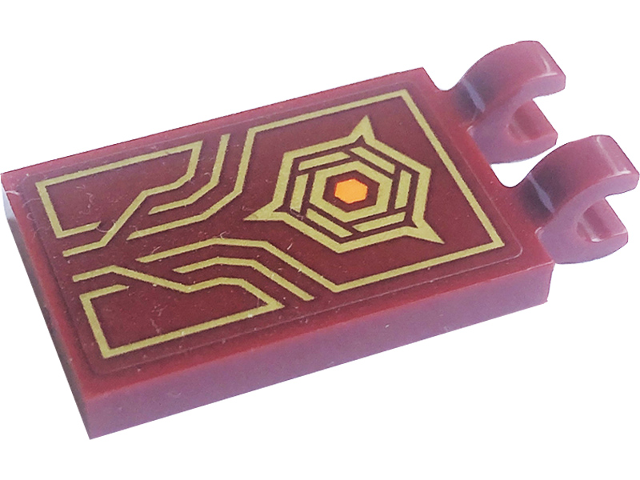 Tile, Modified 2 x 3 with 2 Open O Clips with Orange Hexagon, Pearl Gold Lines and Border Pattern (Sticker) - Set 71790