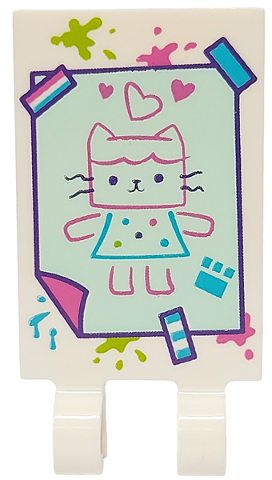 Tile, Modified 2 x 3 with 2 Open O Clips with Light Aqua Cat Picture with Hearts, Tape and Dark Pink, Lime and Medium Azure Paint Splotches Pattern
