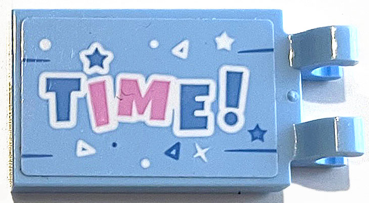 Tile, Modified 2 x 3 with 2 Open O Clips with Medium Blue and Bright Pink 'TIME!' and White Stars, Triangles, Dots and Lines Pattern (Sticker) - Set 41453