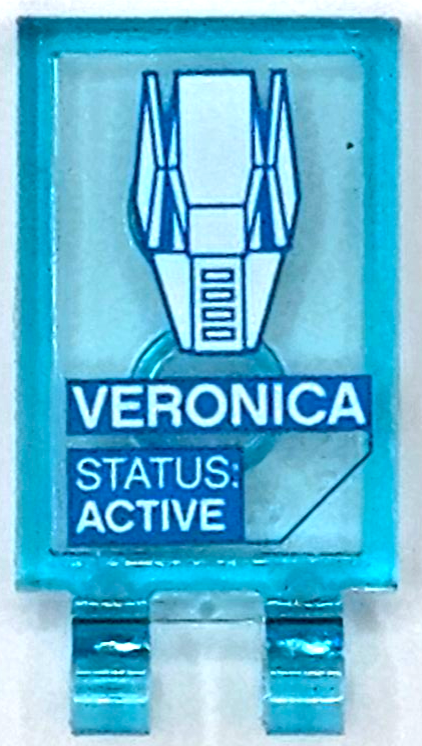 Tile, Modified 2 x 3 with 2 Open O Clips with Dark Azure and White 'VERONICA', 'STATUS: ACTIVE' and Armor Plates Pattern (Sticker) - Set 76105