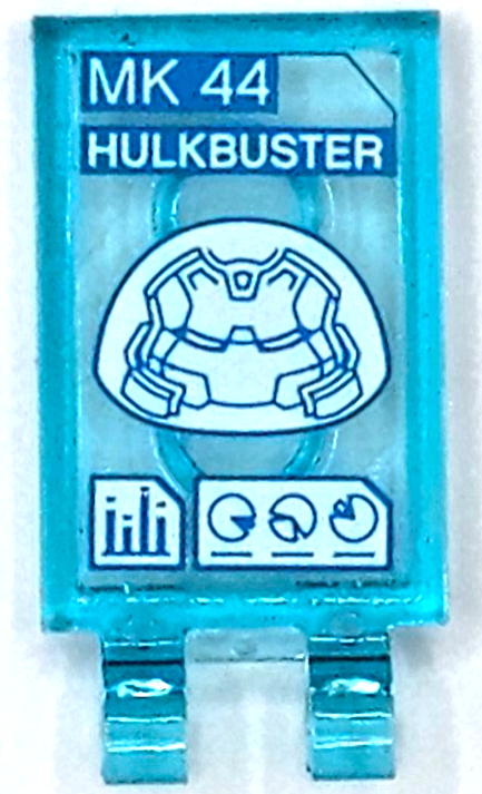 Tile, Modified 2 x 3 with 2 Open O Clips with Dark Azure and White 'MK 44 HULKBUSTER', Helmet and Graphs Pattern (Sticker) - Set 76105
