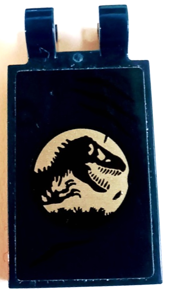 Tile, Modified 2 x 3 with 2 Open O Clips with Black Claw Marks and Silver Jurassic World Logo Pattern Model Left Side (Sticker) - Set 75940