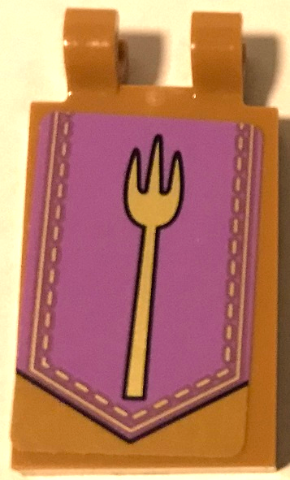 Tile, Modified 2 x 3 with 2 Open O Clips with Gold Fork on Medium Lavender Banner Background Pattern Model Right Side (Sticker) - Set 75826