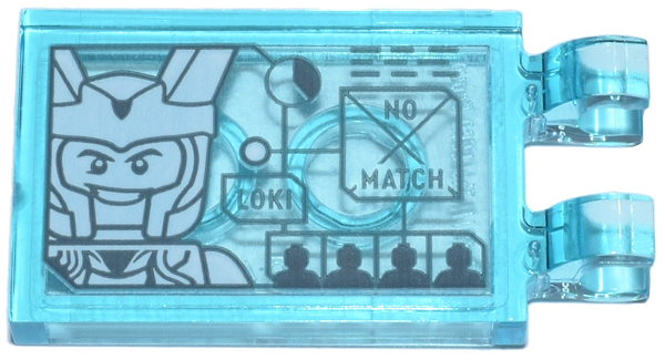 Tile, Modified 2 x 3 with 2 Open O Clips with Digital Display 'LOKI' and 'NO MATCH' and White Loki Head Pattern (Sticker) - Set 76269