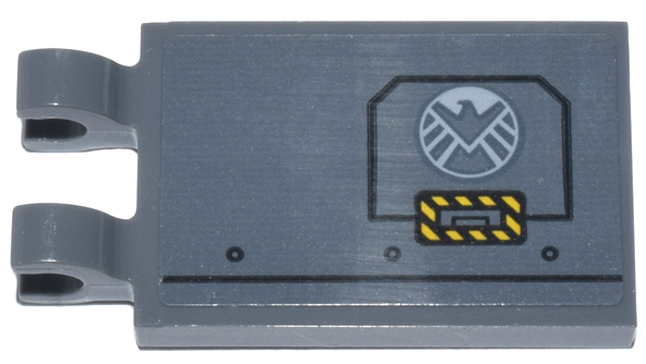 Tile, Modified 2 x 3 with 2 Open O Clips with Panel with White Eagle Shield Logo and Black and Yellow Danger Stripes Pattern Model Left Side (Sticker) - Set 76269