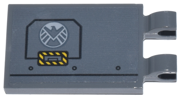 Tile, Modified 2 x 3 with 2 Open O Clips with Panel with White Eagle Shield Logo and Black and Yellow Danger Stripes Pattern Model Right Side (Sticker) - Set 76269
