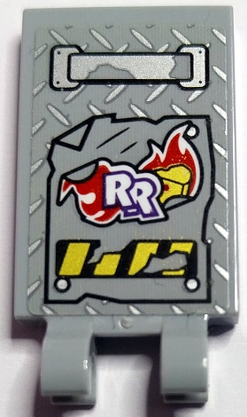 Tile, Modified 2 x 3 with 2 Open O Clips with Silver Handle and Tread Plate, Red Flames, White 'RR' with Dark Purple Outline and Damaged Black and Yellow Danger Stripes Pattern (Sticker) - Set 70436