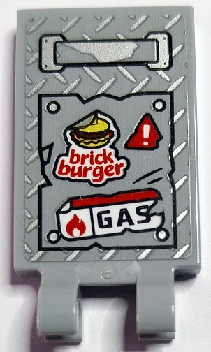 Tile, Modified 2 x 3 with 2 Open O Clips with Silver Handle and Tread Plate, White Exclamation Mark in Red Warning Triangle, 'brick burger', Flame and 'GAS' Pattern (Sticker) - Set 70436