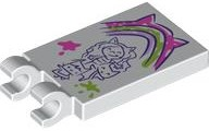 Tile, Modified 2 x 3 with 2 Open O Clips with Dark Purple Drawing of Gabby and Kittens, Dark Pink, Lavender and Lime Rainbow with Cat Ears Painting and Paint Splotches Pattern