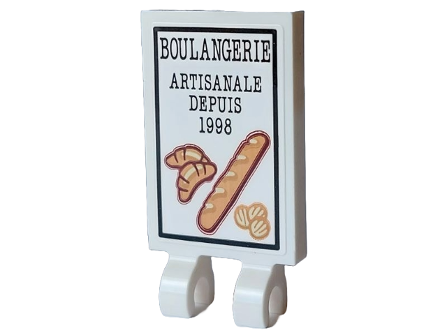 Tile, Modified 2 x 3 with 2 Open O Clips with Black 'BOULANGERIE' and 'ARTISANALE DEPUIS 1998', Medium Nougat, Reddish Brown and Tan Croissants, Baguette and Cookies Pattern (Sticker) - Set 910032