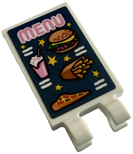 Tile, Modified 2 x 3 with 2 Open O Clips with Bright Pink 'MENU', Hamburger, Drink, Fries, and Pizza Slice on Dark Blue Background Pattern (Sticker) - Set 40687