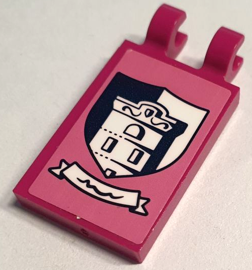 Tile, Modified 2 x 3 with 2 Open O Clips with Shield with Dark Blue and White Castle Turret and Banner Pattern (Sticker) - Set 41748