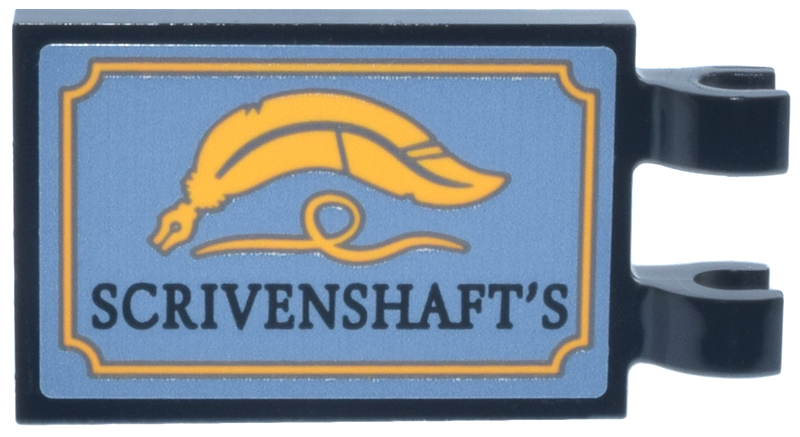 Tile, Modified 2 x 3 with 2 Open O Clips with Sign, Bright Light Orange Quill Feather and 'SCRIVENSHAFT'S' Pattern (Sticker) - Set 76457