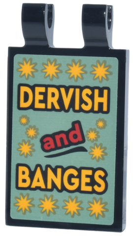 Tile, Modified 2 x 3 with 2 Open O Clips with Bright Light Orange and Red 'DERVISH and BANGES' and Sparkles on Sand Green Background Pattern (Sticker) - Set 76457