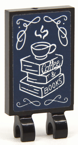 Tile, Modified 2 x 3 with 2 Open O Clips with White 'Coffee & BOOKS' on Dark Blue Sign Pattern (Sticker) - Set 41704
