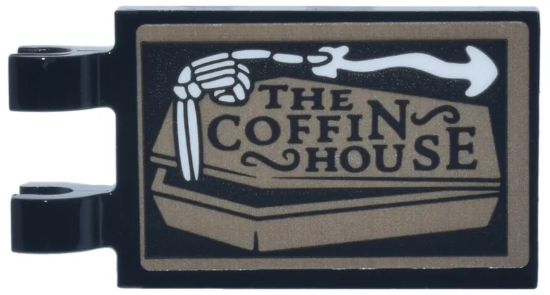 Tile, Modified 2 x 3 with 2 Open O Clips with Dark Tan Coffin, White Skeleton Hand and Arrow and 'THE COFFIN HOUSE' Pattern (Sticker) - Set 76471