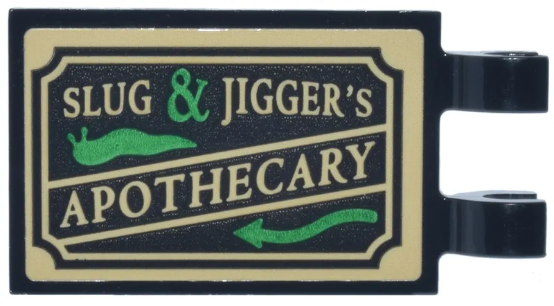 Tile, Modified 2 x 3 with 2 Open O Clips with Tan Sign with 'SLUG & JIGGER'S APOTHECARY' and Bright Green Slug and Arrow Pattern (Sticker) - Set 76471