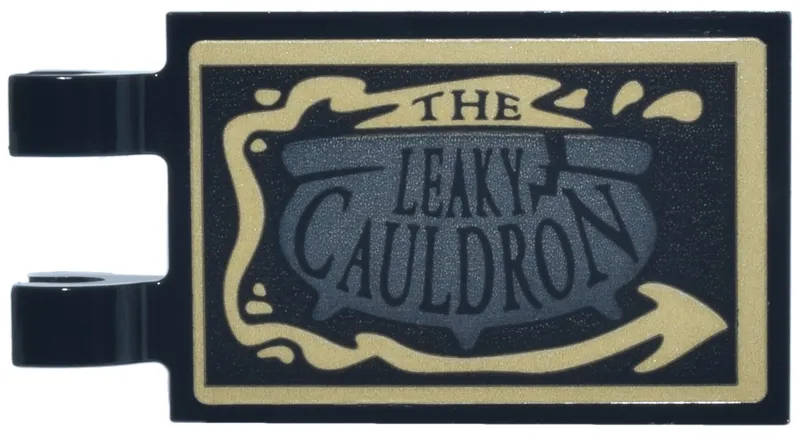 Tile, Modified 2 x 3 with 2 Open O Clips with Dark Bluish Gray Cauldron, Tan Splashes and Arrow and 'THE LEAKY CAULDRON' Pattern (Sticker) - Set 76471