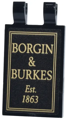 Tile, Modified 2 x 3 with 2 Open O Clips with Tan Sign and 'BORGIN & BURKES Est. 1863' Pattern (Sticker) - Set 76471