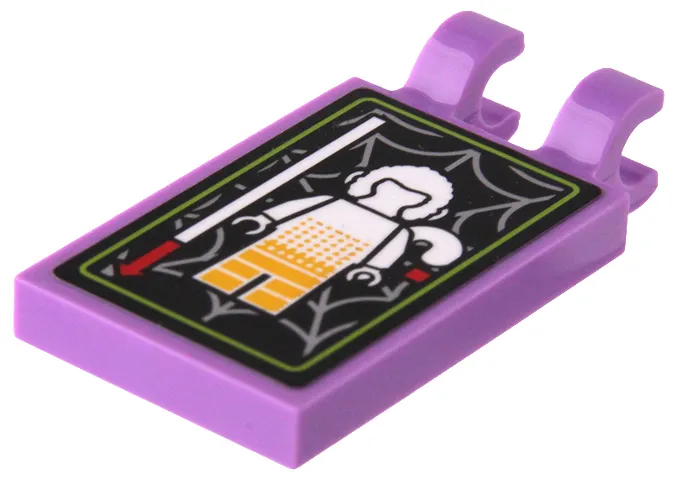 Tile, Modified 2 x 3 with 2 Open O Clips with White and Yellow Monkie King Minifigure and Silver Spider Web on Black Background Pattern (Sticker) - Set 80022
