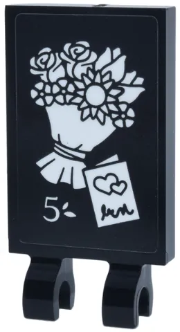 Tile, Modified 2 x 3 with 2 Open O Clips with White Flower Bouquet, Card with Hearts and Number 5 Pattern (Sticker) - Set 42693