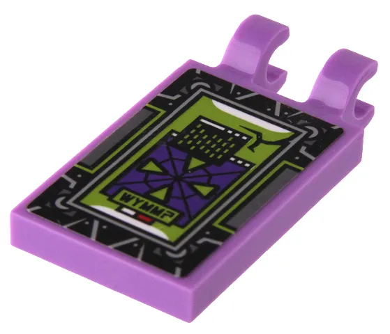 Tile, Modified 2 x 3 with 2 Open O Clips with Dark Purple and Lime Head-up Display (HUD) with 'WYMM?' and Silver Spider Web on Black Background Pattern (Sticker) - Set 80022