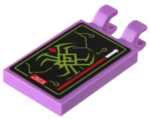 Tile, Modified 2 x 3 with 2 Open O Clips with Lime Spider, Red and White Arrows and 'JECR' on Black Background Pattern (Sticker) - Set 80022