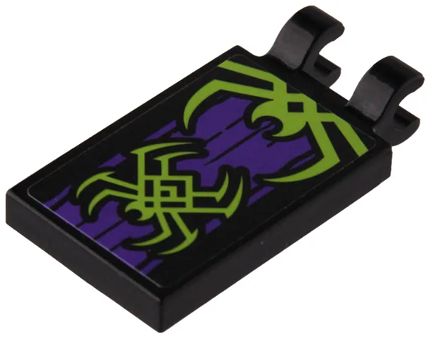 Tile, Modified 2 x 3 with 2 Open O Clips with Lime Spiders on Dark Purple Fabric Folds Pattern (Sticker) - Set 80022