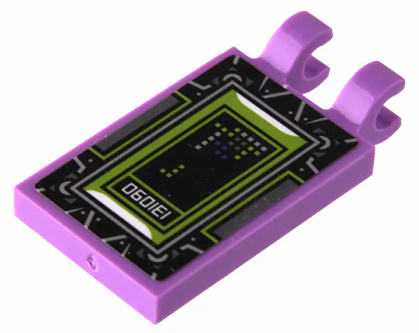 Tile, Modified 2 x 3 with 2 Open O Clips with Dark Bluish Gray, Dark Purple, Lime, and Silver Tetris with '131090' and Silver Spider Web on Black Background Pattern (Sticker) - Set 80022