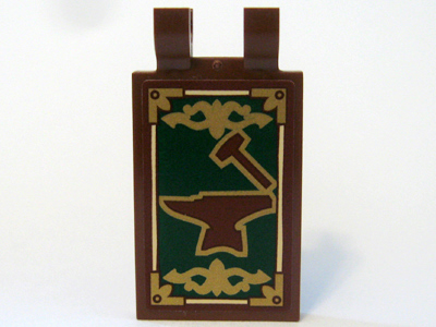 Tile, Modified 2 x 3 with 2 U Clips with Hammer and Anvil and Gold Border Pattern (Sticker) - Set 10193