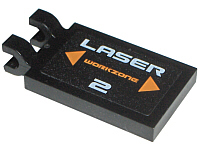 Tile, Modified 2 x 3 with 2 U Clips with White 'LASER 2', Orange 'WORKZONE' and Triangles Pattern (Sticker) - Set 7699