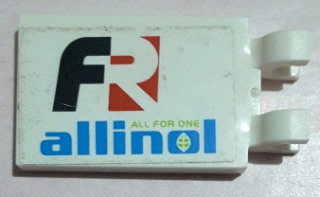 Tile, Modified 2 x 3 with 2 U Clips with 'FR ALL FOR ONE allinol' Pattern Model Right Side (Sticker) - Set 8678
