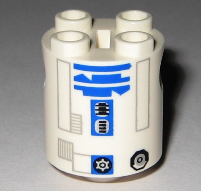 Brick, Round 2 x 2 x 2 Robot Body with Bottom Axle Holder (x Shape / + Orientation) with Light Bluish Gray Rectangle Outlines and Blue Pattern (SW R2-D2 Clone Wars)