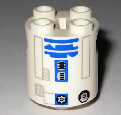 Brick, Round 2 x 2 x 2 Robot Body with Bottom Axle Holder (x Shape / + Orientation) with Light Bluish Gray and Blue Lines and Droid Details Pattern (SW Clone Wars R2-D2)