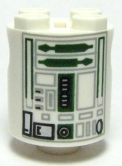 Brick, Round 2 x 2 x 2 Robot Body with Bottom Axle Holder (x Shape / + Orientation) with SW Astromech Droid Light Bluish Gray Rectangles and Dark Green Utility Arms Pattern
