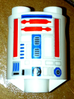 Brick, Round 2 x 2 x 2 Robot Body with Bottom Axle Holder (x Shape / + Orientation) with SW Astromech Droid Light Bluish Gray Rectangles, Red Utility Arms, Blue Center Panel Pattern