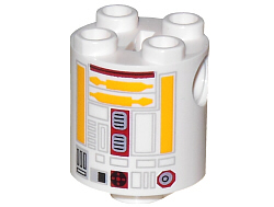 Brick, Round 2 x 2 x 2 Robot Body with Bottom Axle Holder (x Shape / + Orientation) with Yellow Lines and Dark Red Pattern (SW R5-F7)