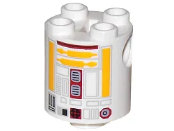 Brick, Round 2 x 2 x 2 Robot Body with Bottom Axle Holder (x Shape / + Orientation) with Yellow Lines and Dark Red Pattern (SW R5-F7)