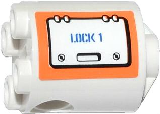 Brick, Round 2 x 2 x 2 Robot Body with Bottom Axle Holder (x Shape / + Orientation) with Hatch with Blue 'LOCK 1' on Orange Background Pattern Model Left Side (Sticker) - Set 60014
