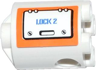 Brick, Round 2 x 2 x 2 Robot Body with Bottom Axle Holder (x Shape / + Orientation) with Hatch with Blue 'LOCK 2' on Orange Background Pattern Model Right Side (Sticker) - Set 60014