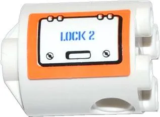 Brick, Round 2 x 2 x 2 Robot Body with Bottom Axle Holder (x Shape / + Orientation) with Hatch with Blue 'LOCK 2' on Orange Background Pattern Model Right Side (Sticker) - Set 60014