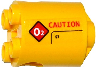 Brick, Round 2 x 2 x 2 Robot Body with Bottom Axle Holder (x Shape / + Orientation) with Red 'CAUTION' and Diamond Warning Sign with White 'O2' Pattern Model Left Side (Sticker) - Set 60092