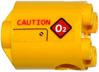 Brick, Round 2 x 2 x 2 Robot Body with Bottom Axle Holder (x Shape / + Orientation) with Red 'CAUTION' and Diamond Warning Sign with White 'O2' Pattern Model Right Side (Sticker) - Set 60092