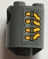 Brick, Round 2 x 2 x 2 Robot Body with Bottom Axle Holder (x Shape / + Orientation) with Yellow and Dark Bluish Gray Vehicle Exhaust Pipes Pattern on Both Sides (Stickers) - Set 70913