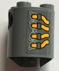 Brick, Round 2 x 2 x 2 Robot Body with Bottom Axle Holder (x Shape / + Orientation) with Yellow and Dark Bluish Gray Vehicle Exhaust Pipes Pattern on Both Sides (Stickers) - Set 70913