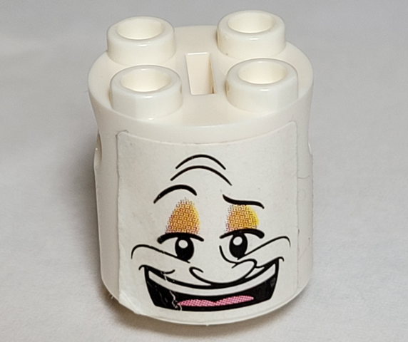 Brick, Round 2 x 2 x 2 Robot Body with Bottom Axle Holder (x Shape / + Orientation) with Open Mouth Smile Lumière {Lumiere} Face Pattern (Sticker) - Set TRULUMIERE